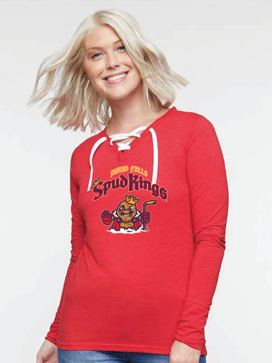 Womens Spud Kings Home Logo - Red Lace Up Long Sleeve T-Shirt